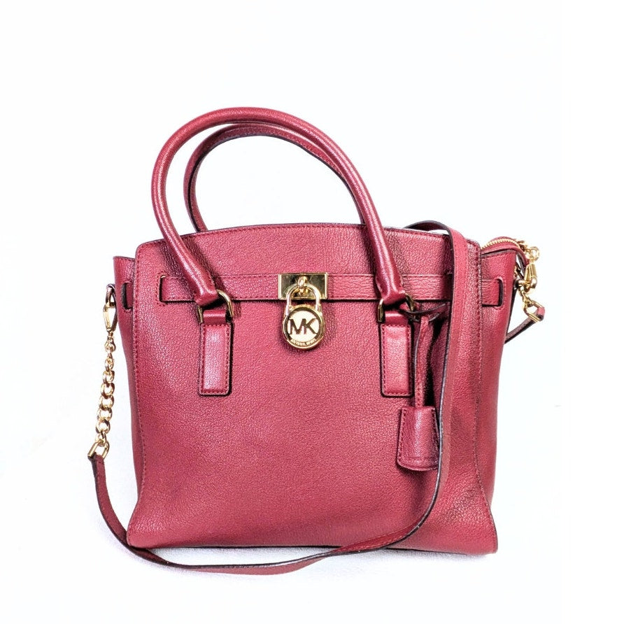 Michael Kors Hamilton East West Pebbled Leather Satchel Bag – Burgundy