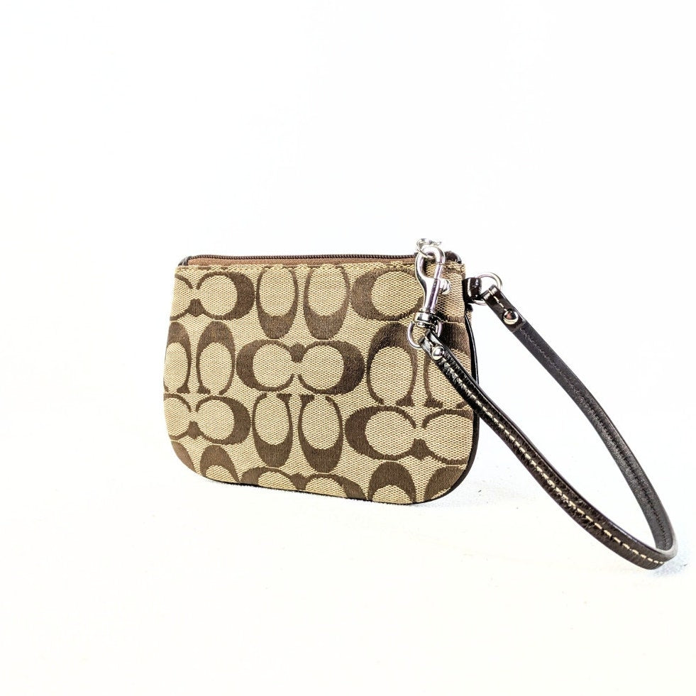 COACH Signature Canvas Wristlet – Beige & Brown