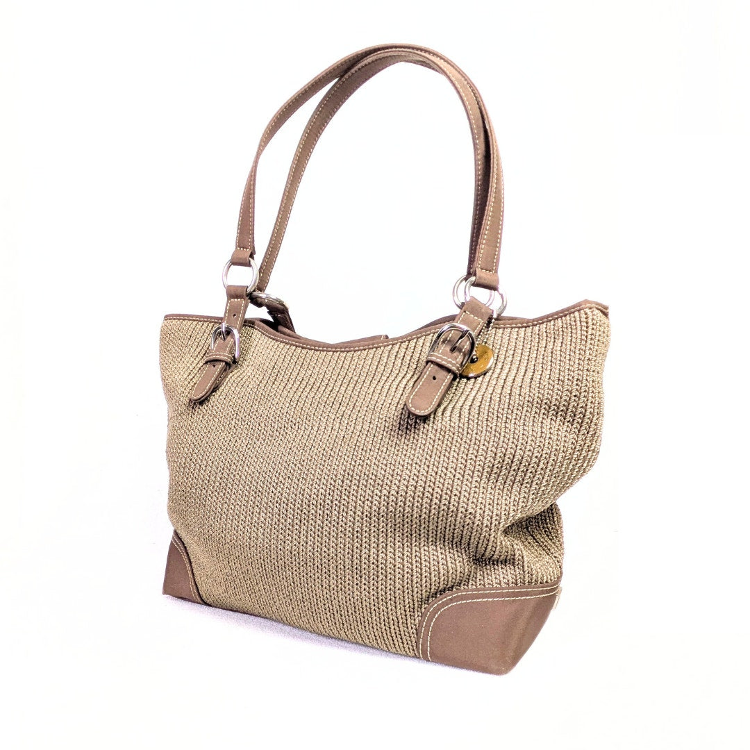 Pre-owned The Sak Crochet Knit Woven Shoulder Bag – Taupe with Brown Trim