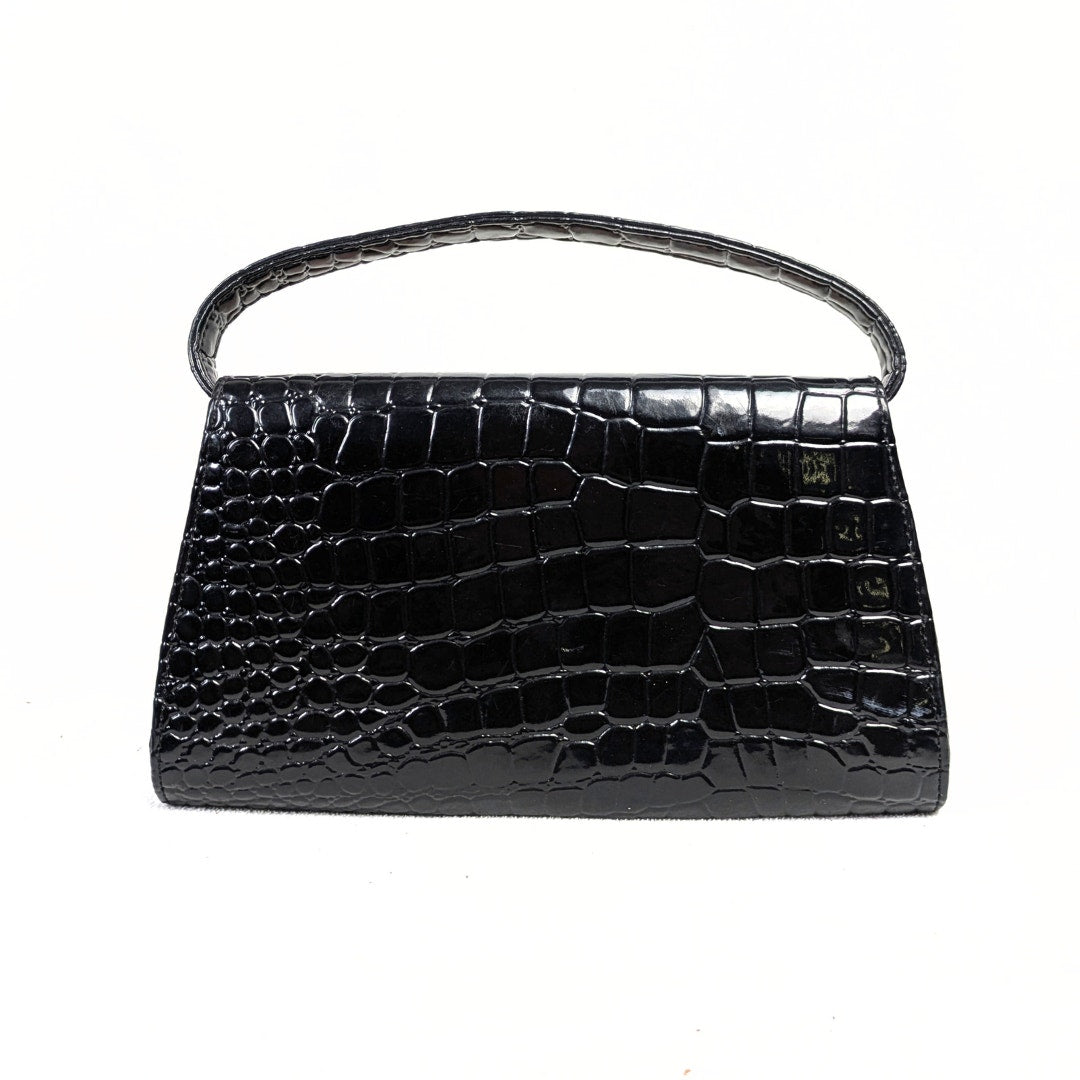 Bebe Black Crocodile-Embossed Patent Leather Top Handle Handbag
