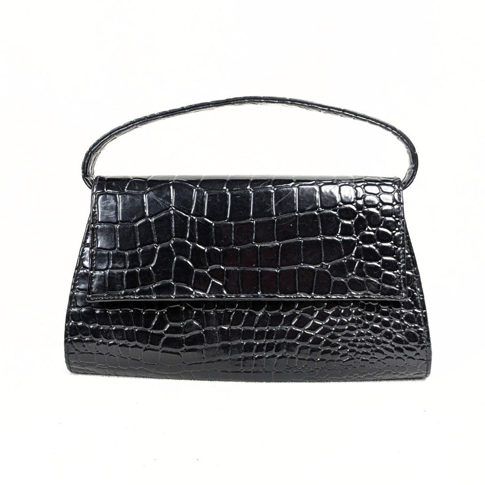 Bebe Black Crocodile-Embossed Patent Leather Top Handle Handbag
